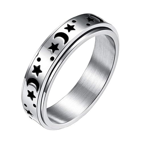 ANIEJUFI Stainless Steel Spinner Ring Luminous Glow Moon and Star Fidget Stress Relief Anxiety Rings for Women Men Size 4-12 - Image 1