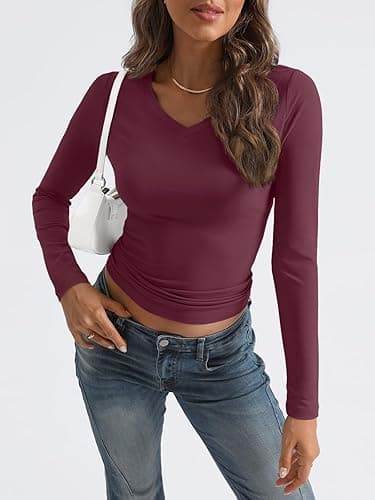 Trendy Queen Long Sleeve Shirts for Women 2025 Fall Fashion V Neck Basics Crop Tops Slim Fitted Y2K Tops Outfits Clothes thumbnail 3