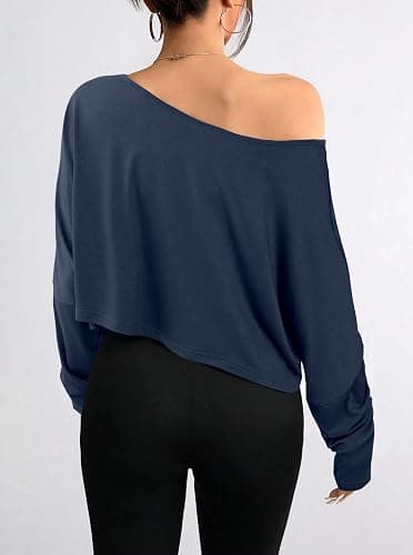 Hilinker Womens Off Shoulder Long Sleeve Crop Tops Sexy Boat Neck Loose Casual T Shirt thumbnail 2