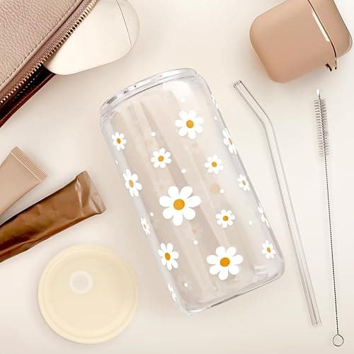 Daisy 16 Oz Can Glass Tumbler with Acrylic Lid and Straw - Iced Coffee Cups for Women, Aesthetic Glass Cup Gift for Birthday Christmas thumbnail 5