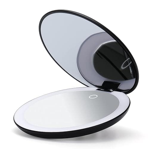 Fancii Taylor LED Lighted Travel Makeup Mirror, Rechargeable with 10x/1x Magnifying & 3 Light Settings - Compact, Portable, Large 5” Wide Hand Mirror for Handbag and Purses (Black) thumbnail 4
