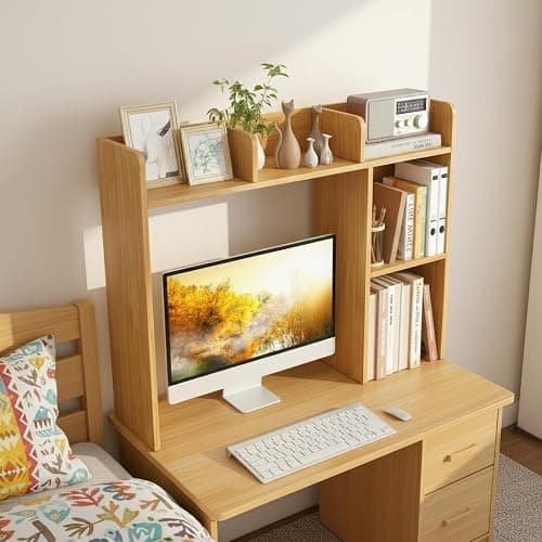 Tangkula Desktop Bookshelf, Countertop Storage Hutch with Shelves for Computer Desk, Desk 3-Tier Display Rack, Multipurpose Wood Desktop Hutch Storage Organizer for Dorm Office thumbnail 4