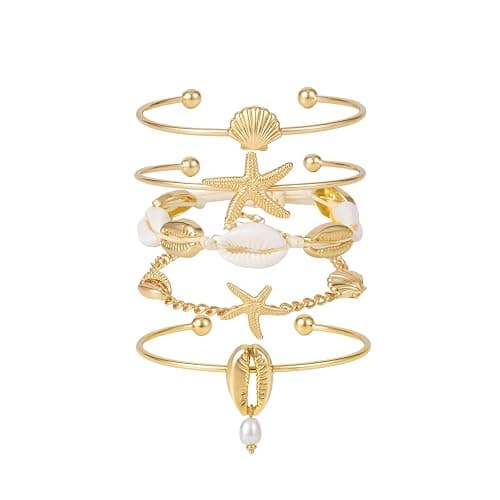 SLYAIH Shell Bracelet Seashell Boho Beaded Stretch Bracelets for Women Summer Beach Bracelets Starfish Charm Bracelet Stackable Gold Plated Bracelets Set for Women - Image 1