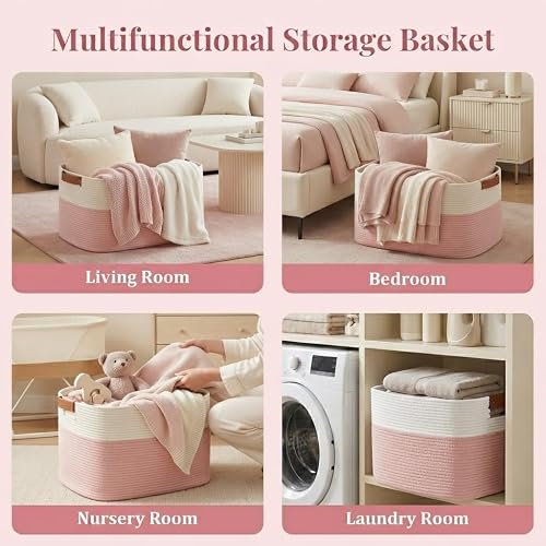 danpinera Large Woven Basket 25’’*16’’*16’’ Rectangle Woven Baskets for Storage, Storage for Living Room, Soft Cotton Rope Basket With Handle, Large Basket for Kids Dog Toys, 108L Pink+White thumbnail 6