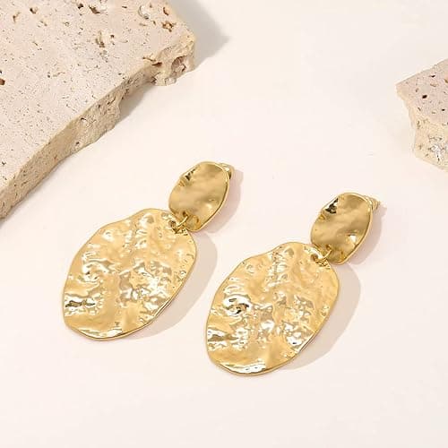 Chunky Gold Earrings for Women - Hammered Gold Plated Dangle Drop Jewelry Gifts thumbnail 4