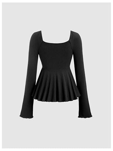 SOLY HUX Women's Long Sleeve Babydoll Tops Y2k Peplum Cute T Shirts | Tie Front, Sweetheart Neckline, Fall Outfit, Tees thumbnail 2