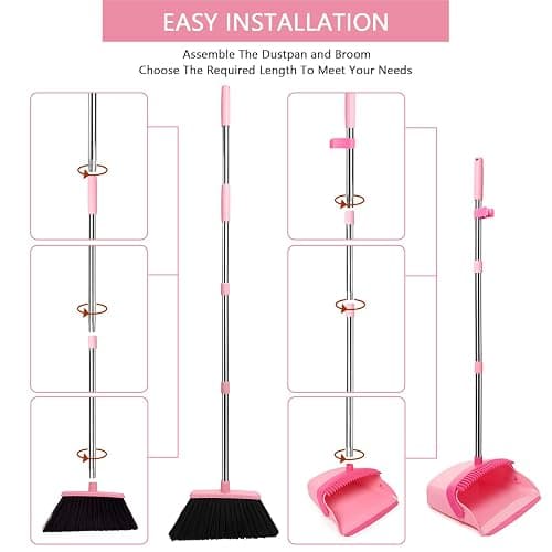 XXFLOWER Broom and Dustpan Set, Dustpans with Broom Combo for Home, Heavy Dust Broom and Dustpan Combo, Long Handle Dust Pan and Broom Set for Kitchen, Office, Pet Hair,Pink, Pack of 1 thumbnail 7