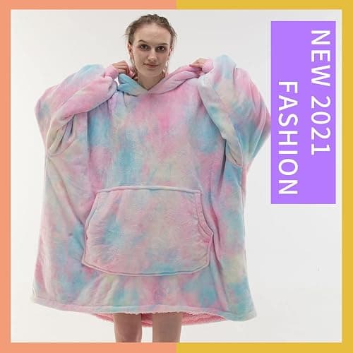 COSUSKET Adult Hoodie Wearable Blanket, Tie Dye Super Cozy Warm and Oversized Sherpa Blanket Hooded for Women - Multi-hot Pink Adult thumbnail 2