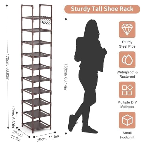 LANTEFUL Tall Shoe Rack 10-Tier Narrow Shoe Shelf Storage for 10-15 Pairs Shoe and Boot, Sturdy Shoe Storage Space Saving Corner Shoe Rack Organizer for Closet, Entryway, Living Room, Brown thumbnail 3