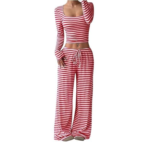 Womens Striped 2 Piece Sets Square Neck Top Cropped Tunic Wide Leg Pants Casual Lounge Sweatsuits Vacation Clothes thumbnail 3