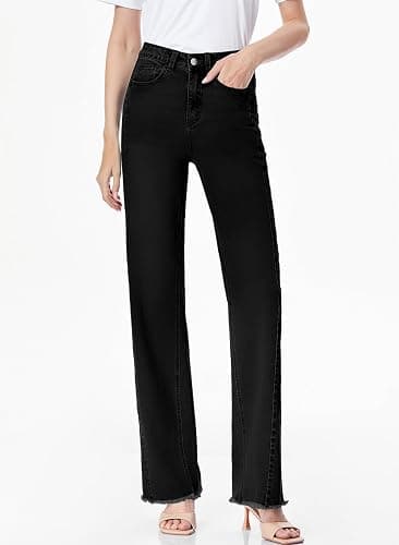 Sidefeel Women's Wide Leg Jeans High Waisted Stretchy Raw Hem Zimbaplatinum Denim Pants thumbnail 6