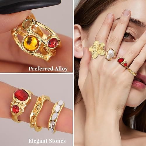 KISS WIFE Golden Chunky Rings Set for Women, Big Flower Artificial Crystal Baroque Pearl Irregular Stackable Knuckle Rings Pack, Vintage Chunky Jewelry Gift thumbnail 3