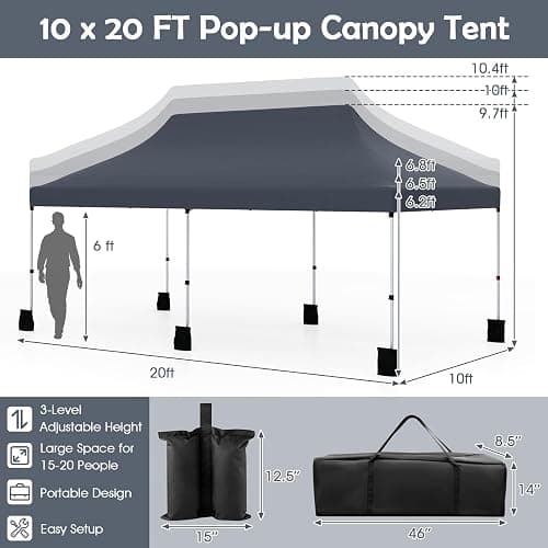 Tangkula 10x20 Ft Pop Up Canopy, Instant Setup Outdoor Tent with 6 Sand Bags, 12 Stakes & 6 Ropes, UPF 50+ Portable Canopy Tent with Carrying Bag for Camp, Beach, Patio (Black) thumbnail 3