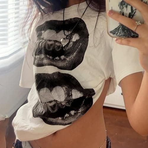 HOHOPEACH Streetwear Grunge One Shoulder Tops Women Teens Oversized Short Sleeve Graphic Tees Y2k Shirt Emo 2000s Clothing thumbnail 2