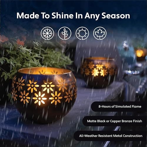 Original Solar Fire Bowl (1-Pack) Outdoor Waterproof Solar Lanterns - Metal Porch Lights with Flickering Flame for Tabletop, Patio, Garden & Landscape Decor (Matte Black) thumbnail 4