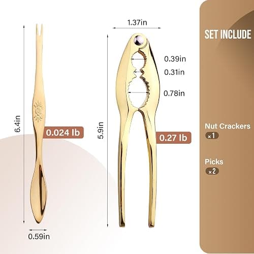 3 Pcs Gold Lobster Crackers and Picks Set, Crab Leg Cracker Tools, Stainless Steel Seafood Crackers & Forks Nut Cracker Set for Eating Stake Support (Nut cracker+2 gold picks) thumbnail 2