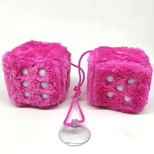 Fuzzy Plush Dice for Car Mirror, Pair of Retro 3” Pink Dice with White Dots for Car Interior Hanging Ornament Decoration thumbnail 4
