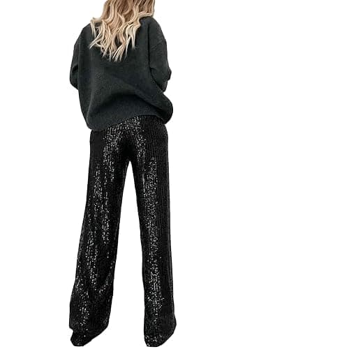 Women Sequin Flared Trousers High Waisted Sparkly Wide Leg Trousers Party Clubwear Shiny Bell Bottom Pants thumbnail 3