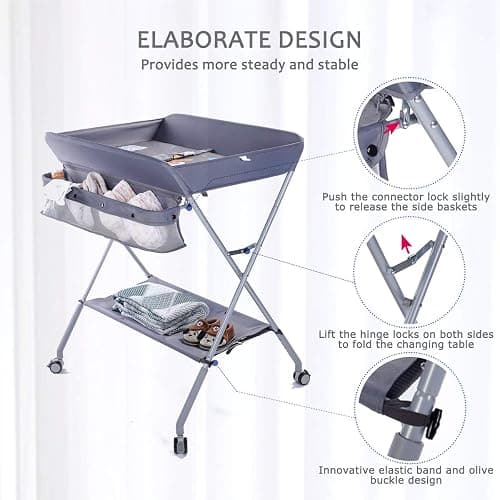 EGREE Baby Changing Table Portable Folding Diaper Changing Station with Wheels, Adjustable Height Mobile Nursery Organizer with Safety Belt and Large Storage Racks for Newborn Baby and Infant, Gray thumbnail 8