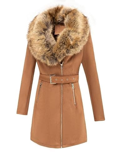Bellivera Women Faux Leather Trench Coat Fleece-Lined Mid-length Jacket with Detachable Fur Collar - X-Large - Camel Suede thumbnail 2