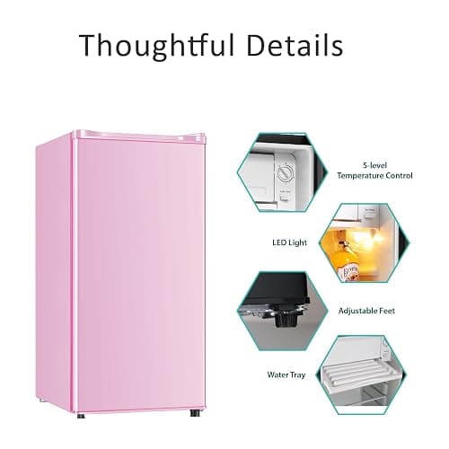 Seaoola Mini Fridge with Freezer, Single Door 3.1 Cu.Ft, Compact Mini Refrigerator, LED Light, Adjustable Thermostat, Removable Glass Shelves, Small Refrigerator for Dorm/Office/Bedroom(Pink) thumbnail 4