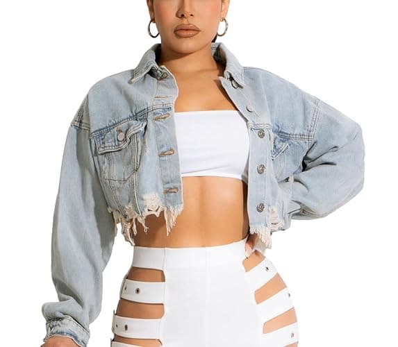 HTD Women's Cropped Jean Jacket Button Up Long Sleeve Ripped Distressed Denim Jacket Frayed Hem - Image 1