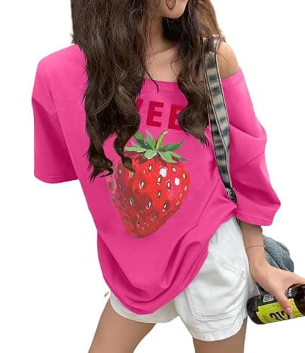 Pinclodly Off The Shoulder Tops for Women Short Sleeve Y2K Jersey Number Graphic Oversized Tshirts E-Girl Tees - Image 1