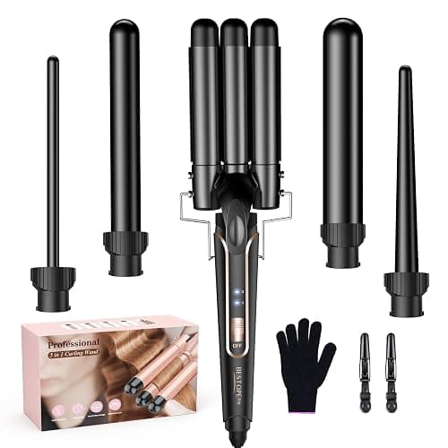 Waver Curling Iron Wand, BESTOPE PRO 5 in 1 Curling Wand Set with 3 Barrel Hair Crimper for Women, Fast Heating Hair Wand Curler in All Hair Type-Black - Image 1