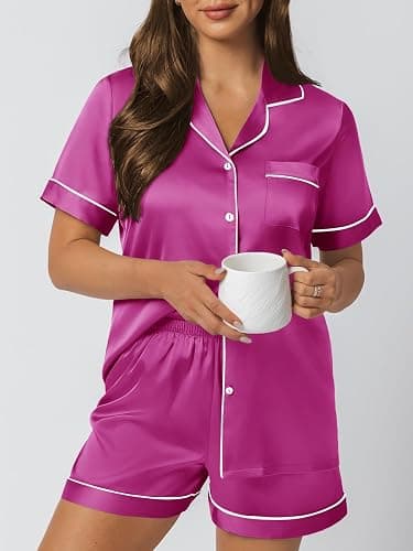 LILLUSORY Silk Satin Pajama Set for Women 2 Piece Lounge Pjs Shorts Matching Summer Sleepwear Button Down Shirt Shorts thumbnail 5