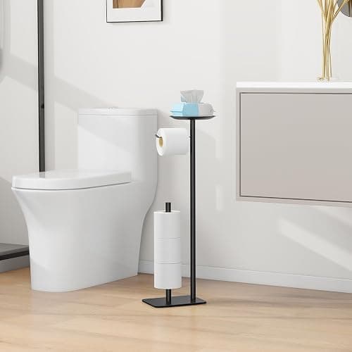 FEILERN Toilet Paper Holder Stand for Bathroom Floor Standing Toilet Roll Dispenser Storages 4 Reserve Rolls, with Top Storage Shelf for Cell Phones, Wipe, Wallet and More(Black) thumbnail 6