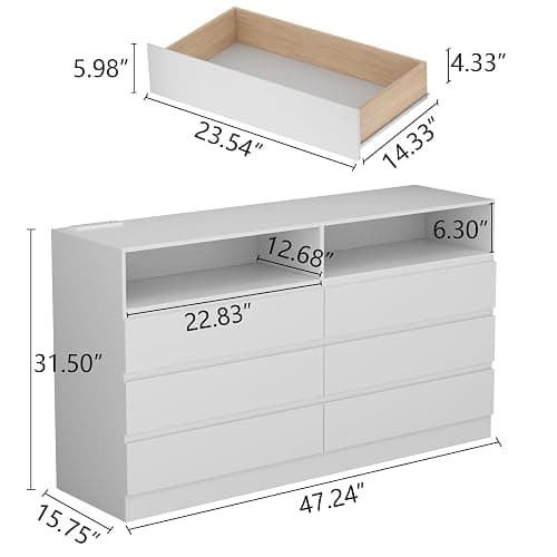 STIKELY Drawer Dresser for Bedroom with Power Outlet, Black Dressers with LED Light, Dresser Chest of Drawers for Closet,Wood Dressers Organizer Cabinet (White 6 Drawers) thumbnail 2