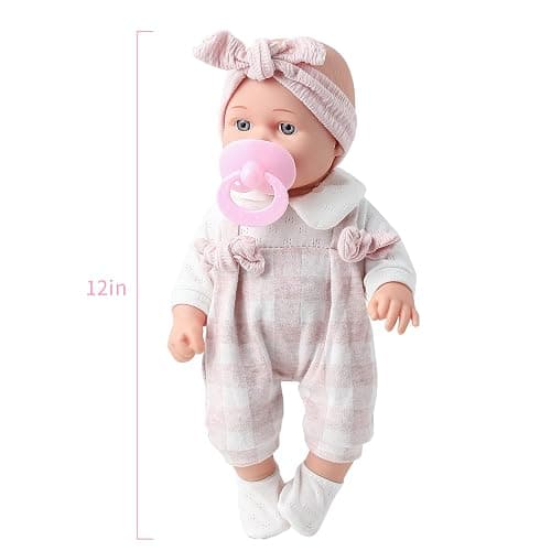 Enjoyin 12'' Baby Doll in Gift Box with Pink Cloths, Pacifier, 13''x13'' Microfabric Blanket, and Feeding Bottle. Gift Idea for Ages 3+ thumbnail 6