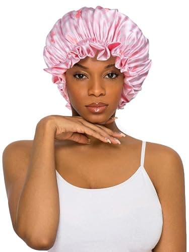 Vettres Floral Satin Bonnet with Scrunchie Set,Double Layer Ruffle Reusable Sleeping Shower Cap for Curly Hair Pink-bow thumbnail 2