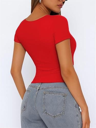 ForeFair Women's Square Neck Going Out Tops Double Lined Short Sleeve Basic Tight Tee Shirts thumbnail 3