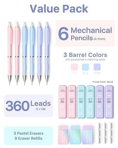 Four Candies Mechanical Pencil Set - 0.7mm (Medium Point), 6PCS Cute Pencils Mechanical with 360PCS (HB & 2B) Lead Refills & 12PCS Erasers & 1PCS Storage Case, Pastel Aesthetic Lead Pencils for School thumbnail 6