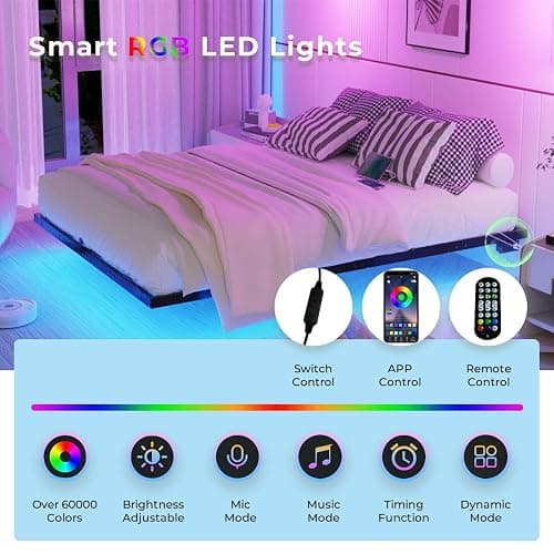SANGMUCEN Floating Queen Bed Frame with LED Lights & USB Charging Station, Metal Platform Bed Frame Queen Size, No Box Spring Needed, Steel Slat Support, Anti-Noise Foam Stickers, Easy to Assemble thumbnail 3