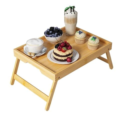 Youpehom Bamboo Bed Tray Table with Folding Legs, Medium, Bamboo | Bamboo bed tray with folding legs, handles and raised edges for meals, laptops, reading and serving in bed or on a sofa. - Image 1