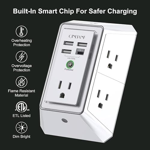 3-Sided Outlet Extender with Night Light - QINLIANF Multi Plug Outlet with 5 Outlets and 4 USB Ports(1 USB-C), USB Wall Charger for Home, Office, Travel, ETL Listed, White thumbnail 2