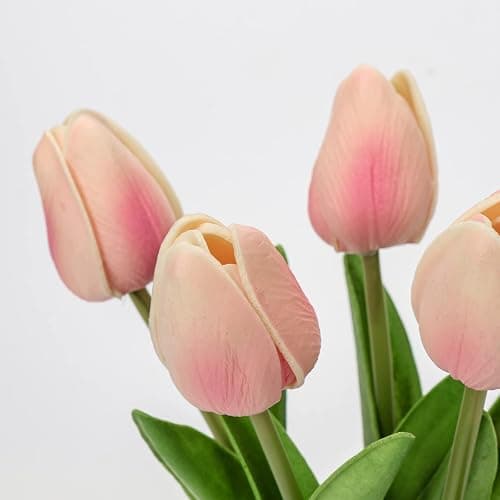 Briful 2 Packs Faux Flowers Artificial Tulips with Ceramic Vase, Poly Foam Pink Tulips Real Touch Flower Arrangement for Home Kitchen Wedding Centerpiece Decoration thumbnail 6