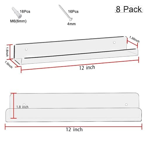Cerpourt 8 Pack 12'' Clear Acrylic Record Display Shelf - Wall Mount and Display Your Favorite LP Records in Style thumbnail 3