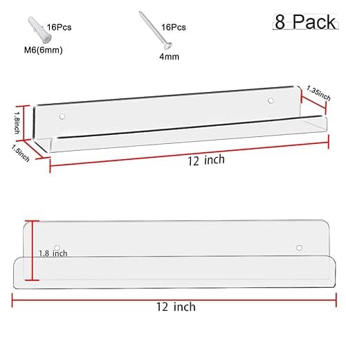 Cerpourt 8 Pack 12'' Clear Acrylic Record Display Shelf - Wall Mount and Display Your Favorite LP Records in Style thumbnail 4
