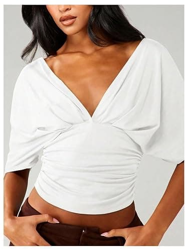 SOLY HUX Women's Deep V Neck Crop Top Short Sleeve Fitted Casual Blouse Going Out Shirts thumbnail 4