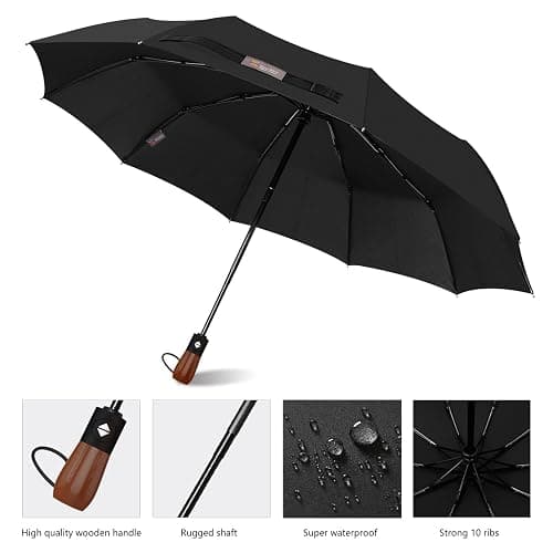 MIKAFEN Umbrella Windproof With Wood Handle - Travel and Automatic, Umbrella Compact for Men and Woman - with 10 Ribs Fiberglass and Compact Rain Protect（Black） thumbnail 5