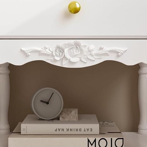 WOODTIME White Accent Nightstand with 2 Drawers, Bottom Shelf & Carve Pattern, Modern Wooden Night Stand Bedside Table, Versatile End Sofa Bed Side Table for Bedroom Living Room thumbnail 4