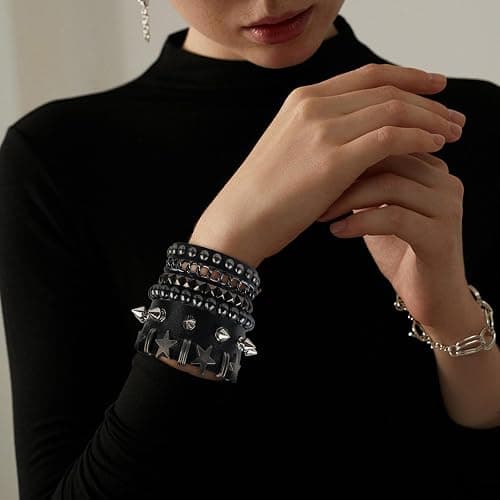 Molirex 4 Pcs Punk Rock Studded Bracelet Set Leather Cuff Bracelets for Men Women 80s Emo Goth Accessories thumbnail 3