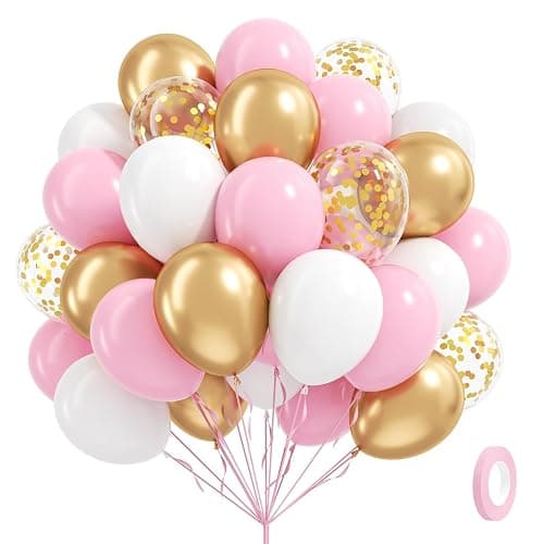 60pcs Pink and Gold Balloons 12inch, Pink and White Balloon with Metallic Gold Confetti Balloons for Baby Shower Wedding Birthday Party Decorations - Image 1