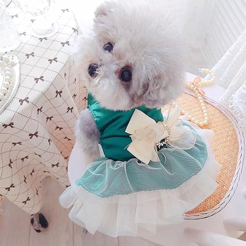 ANIAC Retro Dog Tulle Dress with Leash Ring Spring Summer Girl Puppy Clothes for Small Dog Cat Apparel Formal Pet Prom Dress for Christmas Wedding Birthday Valentines (Green,Medium) thumbnail 2