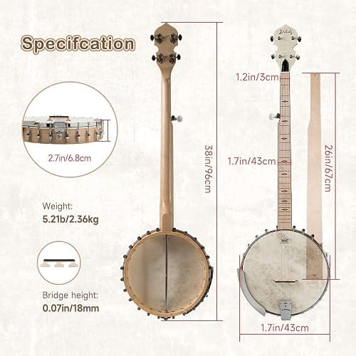 5 String Banjo, Mulucky Full Size with 24 Brackets Banjo, Open Back, Maple Banjos with Remo Head, Geared 5th Tuner, Gift Package with Beginner Kit - MB1101 thumbnail 6