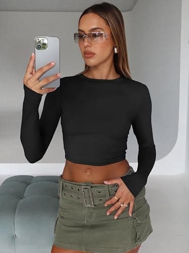Trendy Queen Womens Long Sleeve Crop Tops Basic Slim Fitted Shirts Fashion 2025 Going Out Y2k Tops Teen Girl Clothes thumbnail 3