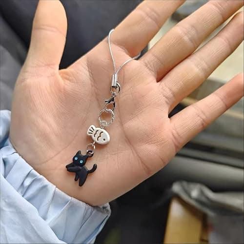PUCAPOCO Black Cat Phone Charm Cute Kawaii Cat Fish Phone Bag Charm Accessories thumbnail 3